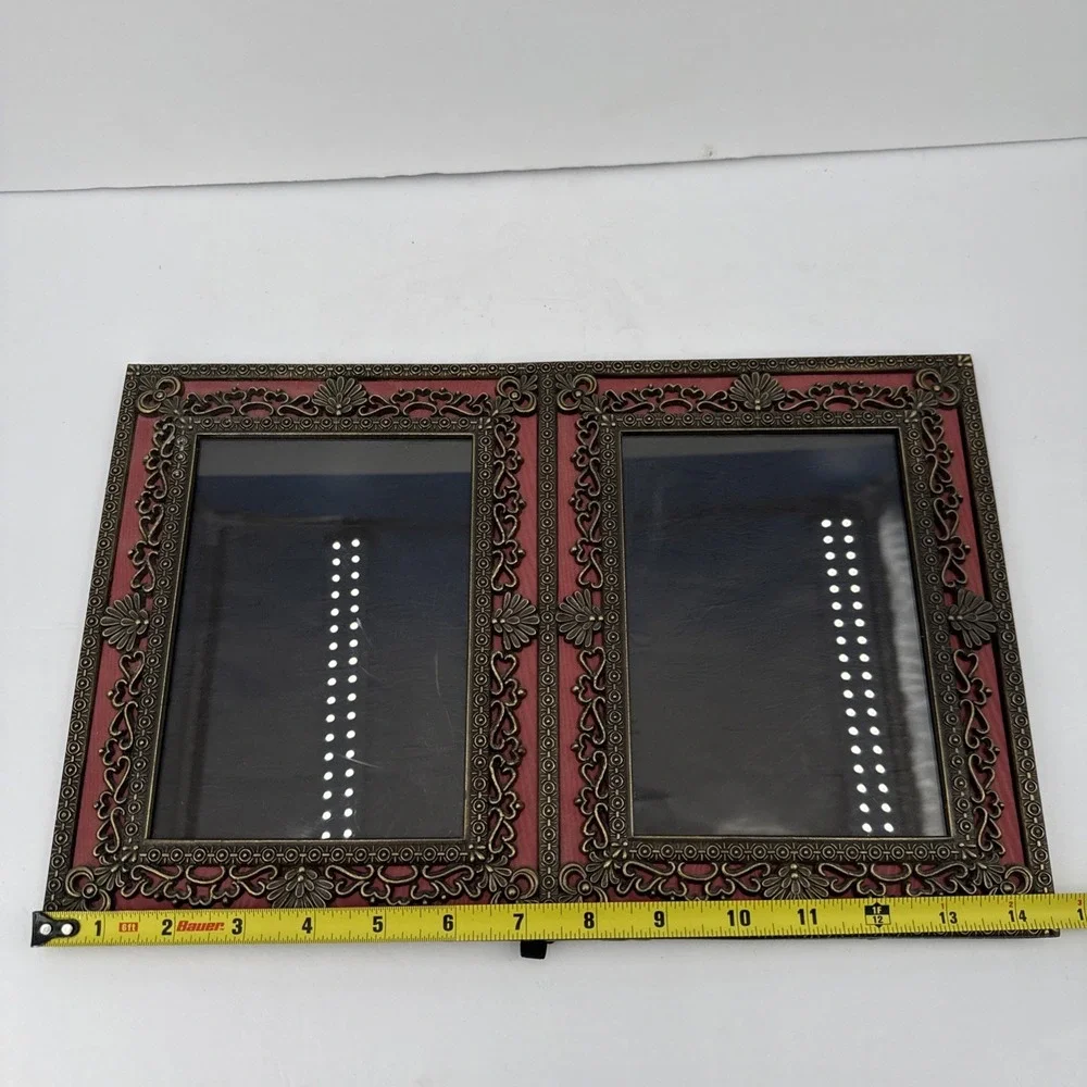 Vtg Ornate Double Brass Metal Photo Picture Frame Velvet Back Stand Alone Heavy